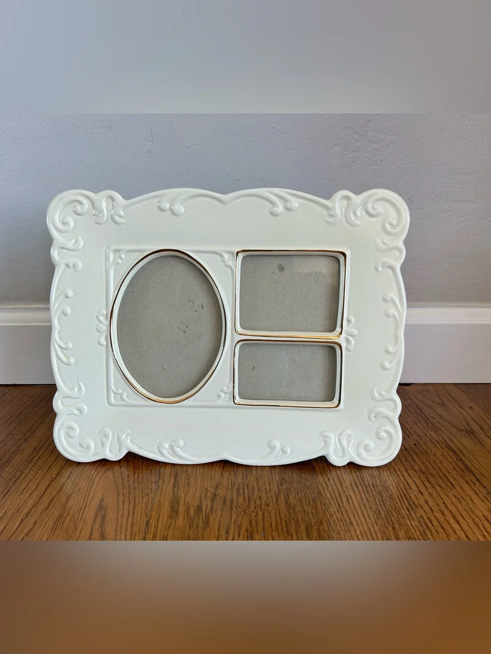 Vintage White Ceramic Collage Frame | Gold Trim, Embossed Scrollwork, Triple Pic
